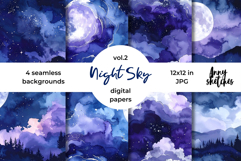 Moon &amp; Night Sky Digital Paper Watercolor Seamless Pattern Product Image 1
