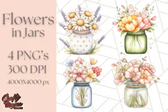 Flowers in Glass Jars PNG, Rustic Floral Watercolor Clipart Product Image 1