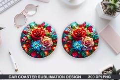 Roses Car Coaster Sublimation| Christmas Coaster PNG Design Product Image 1