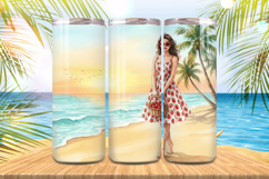 A girl with strawberry basket on beach Tumbler Wrap PNG Sublimation Product Image 1
