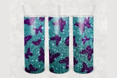 Emerald green glitter Purple Butterflies 20 oz tumbler wrap Product Image 1