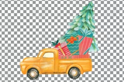 Watercolor Christmas truck clip art. Retro trucks decoration Product Image 20