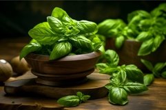 Fresh basil leaves in wooden bowl Product Image 1