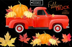 Fall vintage red TRUCK with pumpkins PNG, Watercolor clipart Product Image 2