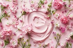 Pink cosmetic cream surrounded by fresh flowers on pink back Product Image 1