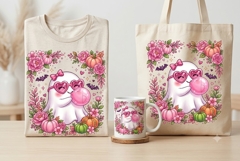 Cute Pink Ghost with Bubble Gum PNG Halloween Clipart Design Product Image 1