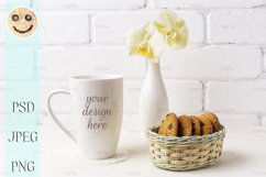 White coffee cappuccino mug mockup with orchid and cookies Product Image 1