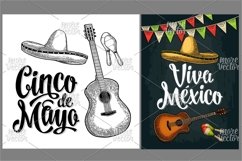 Cinco de Mayo handwriting lettering. Garland, maracas, sombrero and guitar. Vector color vintage engraving Product Image 2