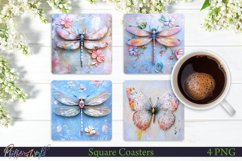 Watercolor Square Coasters | Dragonflies and Butterfly Product Image 1