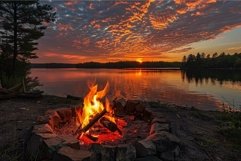 Burning campfire by the lake at sunset with beautiful cloudy Product Image 1