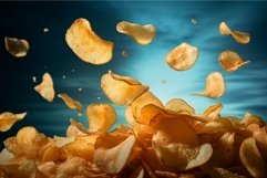 Crispy potato chips in mid-air on blue background Product Image 1