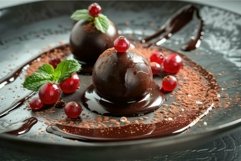 Elegant chocolate dessert with redcurrants Product Image 1