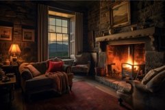 Cozy evening by the fireplace in rustic living room Product Image 1
