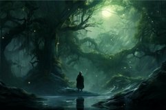 Enigmatic forest at twilight with lone wanderer Product Image 1
