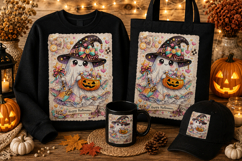 Cute Halloween Ghost with Candy Pumpkin PNG | Kawaii Witch G Product Image 1