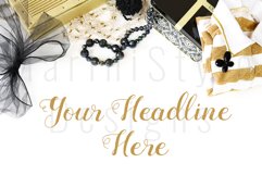 Feminine Styled Desktop Mockup, Gold &amp; black flatlay 195 Product Image 1