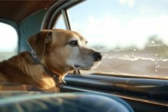 Contemplative dog enjoying a car ride at sunset Product Image 1