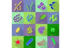 Viruses and bacteria icons set, flat style Product Image 1
