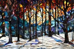 Stained Glass Trees with Snow Background Wallpaper Product Image 1
