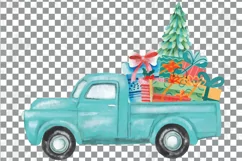 Watercolor Christmas truck clip art. Retro trucks decoration Product Image 18