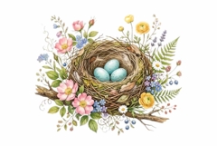 Watercolor bird nest with eggs and flowers Product Image 1
