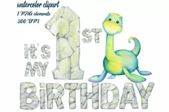 1st. Birthday dinosaur PNG. First Birthday Dino watercolour. Product Image 1