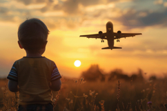 Child is Looking at an Airplane Flying Background Wallpaper Product Image 1