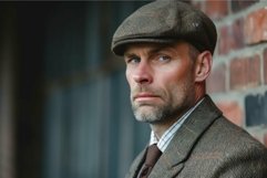 Pensive man in vintage attire leaning on brick wall Product Image 1