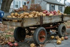 Old wooden wagon filled with potatoes and parked on a dirt r Product Image 1