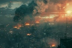 Artistic depiction of a dystopian city engulfed in flames an Product Image 1