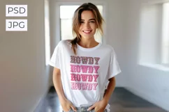 Smiling woman white t-shirt mockup PSD