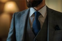Businessman wearing suit and tie getting ready in hotel room Product Image 1