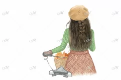 Girl with a Bicycle in October. Hand drawn illustration Product Image 2