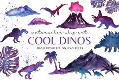 Dino Watercolor Clip Art Set in Blues & Purples Sublimation Product Image 1