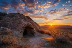 Desert sunset with dramatic cloudscape and unique rock forma Product Image 1