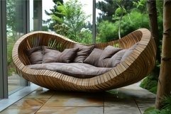 Modern wooden sofa standing on a terrace overlooking a garde Product Image 1