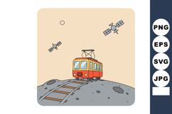 Red tram moving on railway track on moon surface with satell Product Image 1