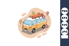 Vintage camper van with surfboards and location pins for tra Product Image 1