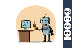 Robot holding coffee cup near computer screen with code illu Product Image 1