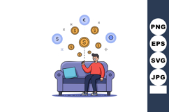 Man sitting on sofa with floating currency coins and symbols Product Image 1