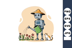 Robot watering flowers in garden with cat wearing straw hat Product Image 1