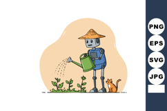 Robot watering plants in garden with cat companion vector il Product Image 1