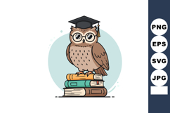 Wise owl wearing graduation cap standing on stack of colorfu Product Image 1