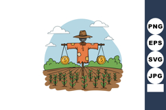 Scarecrow Holding Money Coins in Garden Field Under Blue Sky Product Image 1