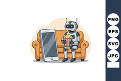 Robot sitting on couch holding popcorn next to large smartph Product Image 1