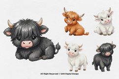 15 Bundle Watercolor Baby Highland Buffalo Cow Horn Farm Product Image 7