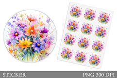 Wildflowers Round Sticker Design. Flowers Sticker Template Product Image 1