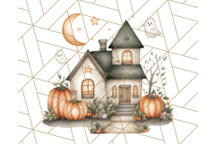 Watercolor Halloween Cottage Clipart, Ghosts &amp; Pumpkins Png Product Image 3