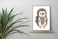 Cute Hedgehog with Backpack Holding Crayons Watercolor PNG Product Image 2