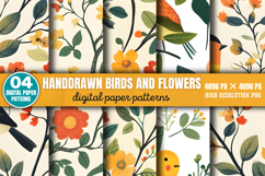 Handdrawn Birds And Flowers Patterns Digital Paper PNG Product Image 1